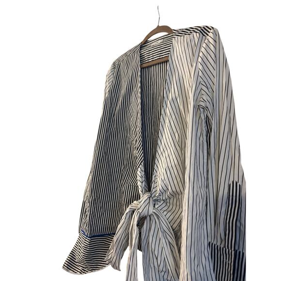 Tome Women’s 100% Cotton Blouse Top Striped Asymmetrical Long Sleeve Tie large - Picture 3 of 7